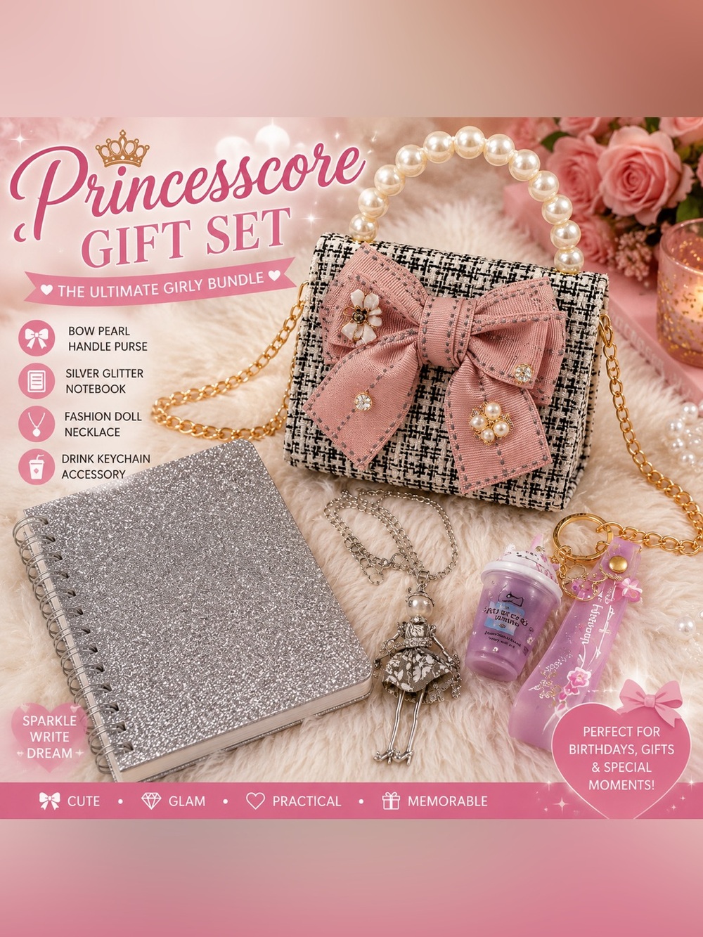 Princesscore Gift Set Purse Notebook Necklace Keychain Coquette Bundle